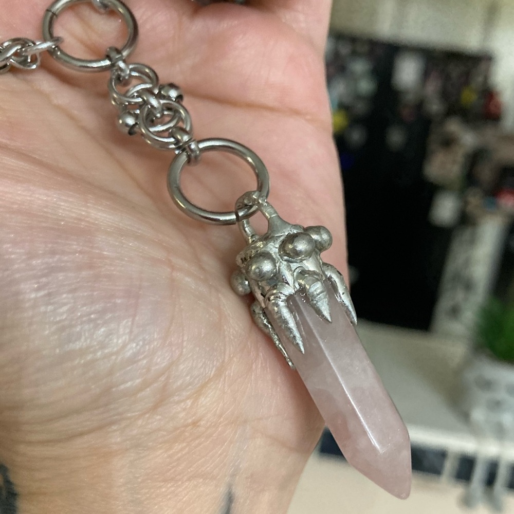 Genuine rose quartz bullet stainless steel maille celtic knot lariat Y necklace - Picture 9 of 16